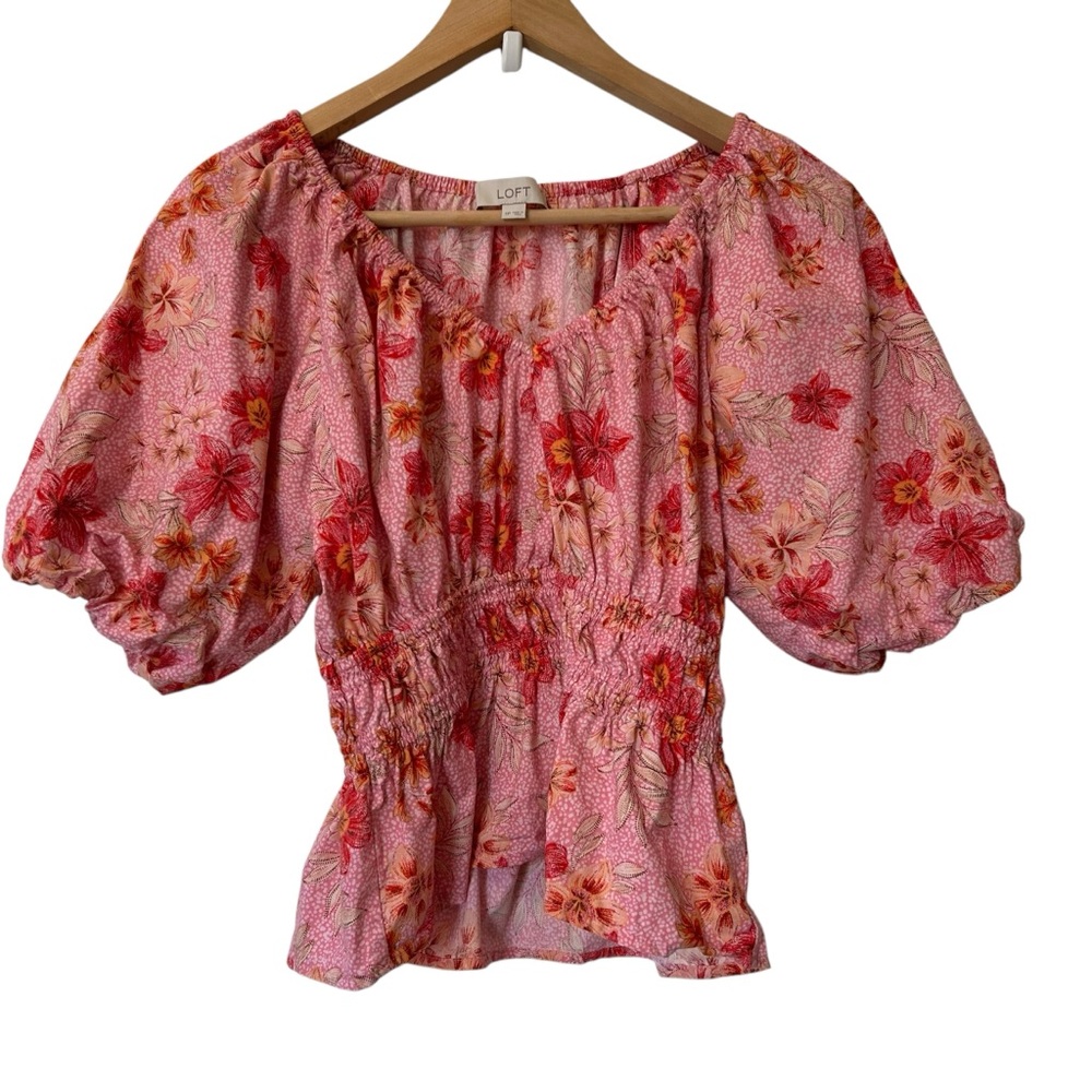 LOFT Pink Floral Women's Top XS puff sleeve smock waist